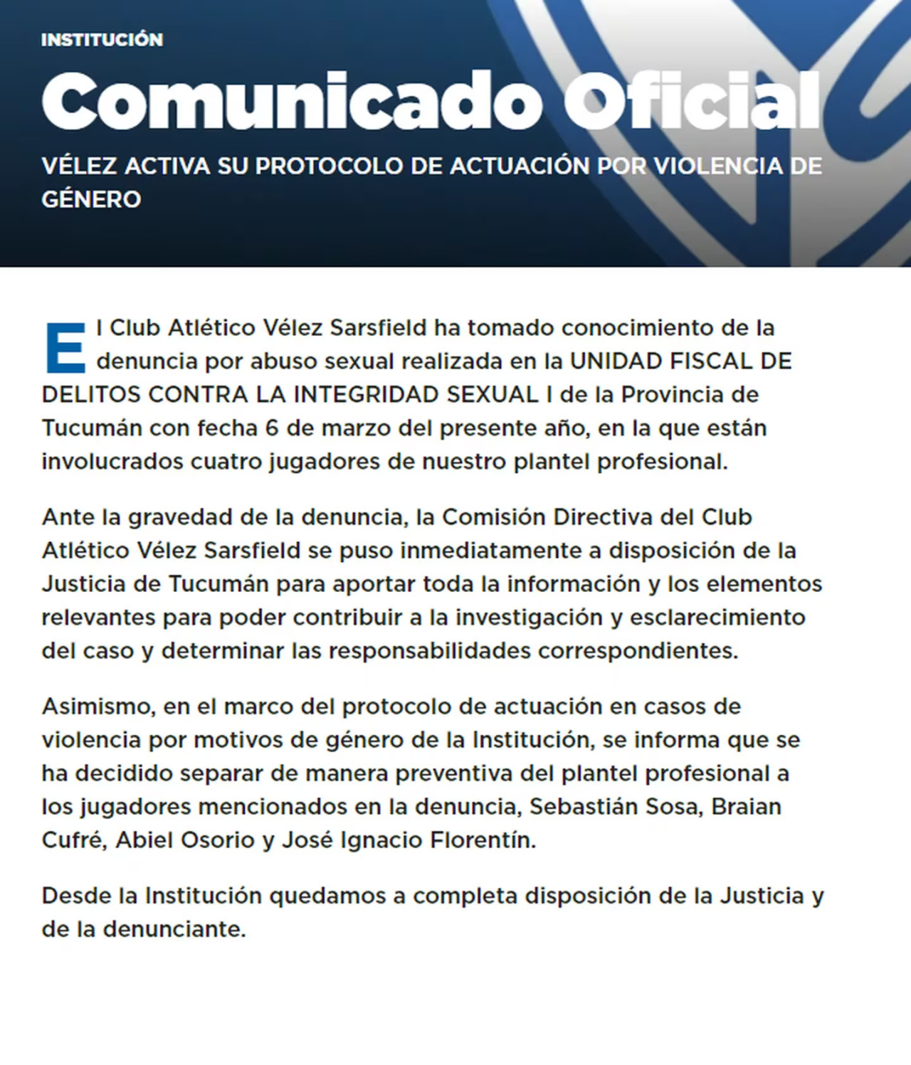 El comunicado de Vélez. Foto: prensa.